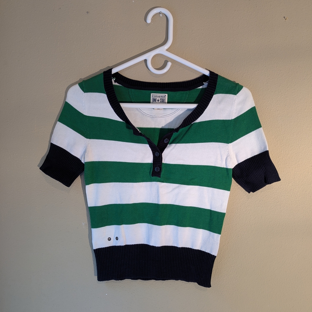 Converse Green and White Striped Crop Short Sleeve Sweater
